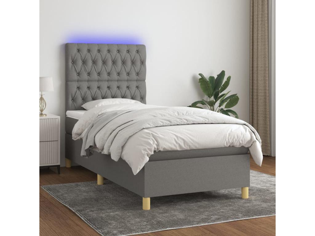 Upholstered bed base with mattress and LED lighting, dark grey, 90x190cm, fabric