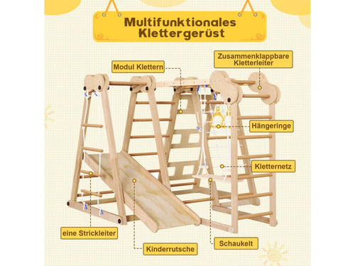 7-in-1 Children's Play Area - with Slide, Climbing Bar, Swing, Climbing Rope, and Net Ladders - Wood Color MSAU71666