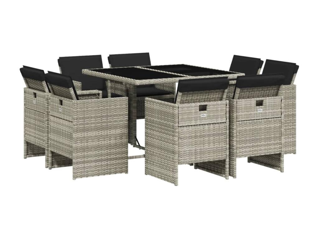 9-piece garden dining set and cushions, light grey rattan OTID47009