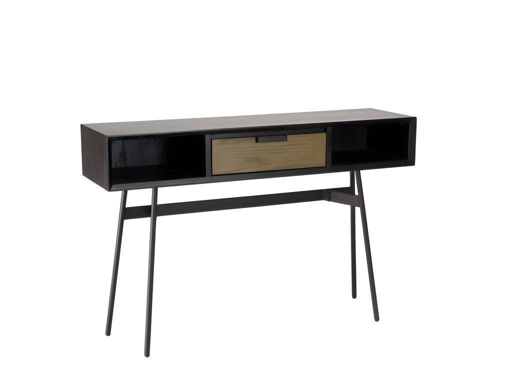 Domopure - Black console table 130x35cm with 2 niches and 1 dark brown drawer, black metal legs MFPX00660