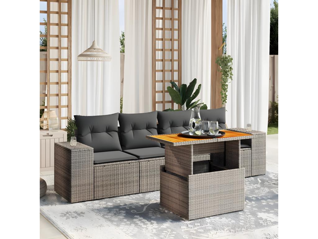 5-piece garden furniture set with grey resin wicker cushions SOSO39471