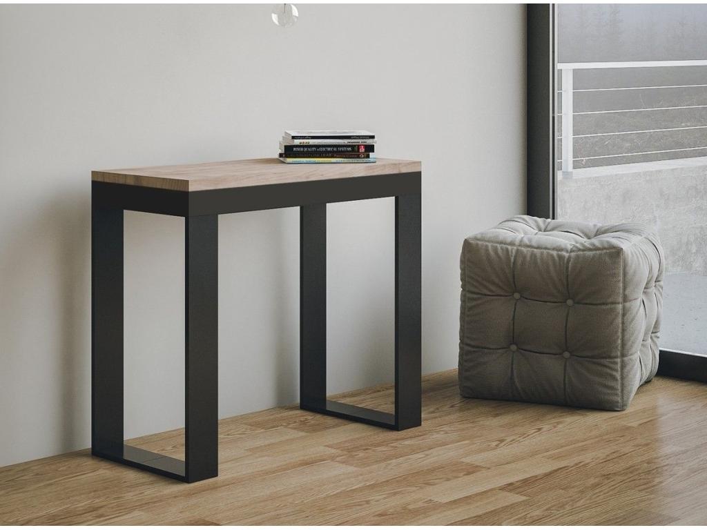 Chicyla extendable console table in wood and steel, 90x40-196 or 90x40-300 cm, Natural color, 4-leg support, 3 extension leaves EDHB33827