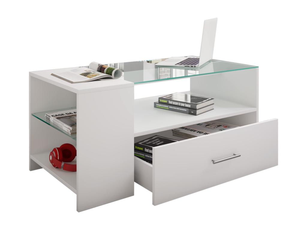 Chicyla Wooden Coffee Table, Living Room Table, Side Table, Drawer, Glass, Tindala White BONM26889