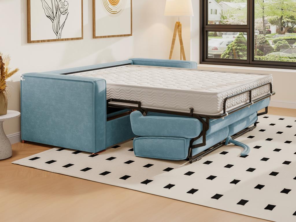 Chicyla CPYW65033 4-seater express convertible sofa in turquoise blue corduroy - 160 cm sleeping area - 22 cm mattress