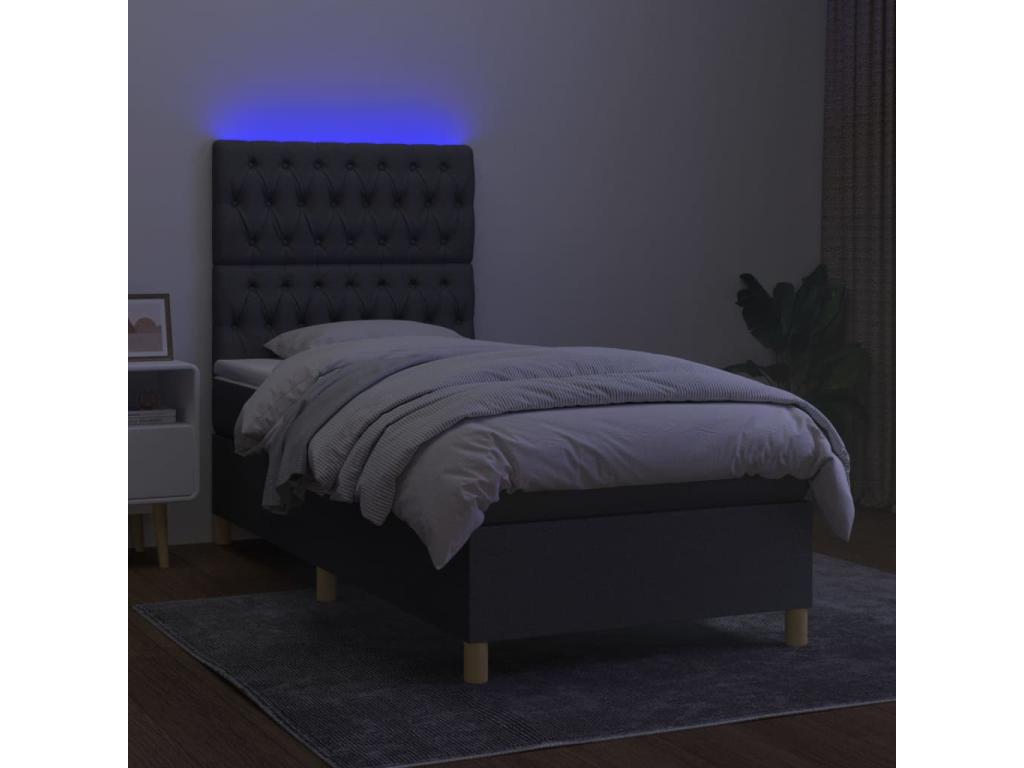 Upholstered bed base with mattress and LED lighting, dark grey, 90x190cm, fabric