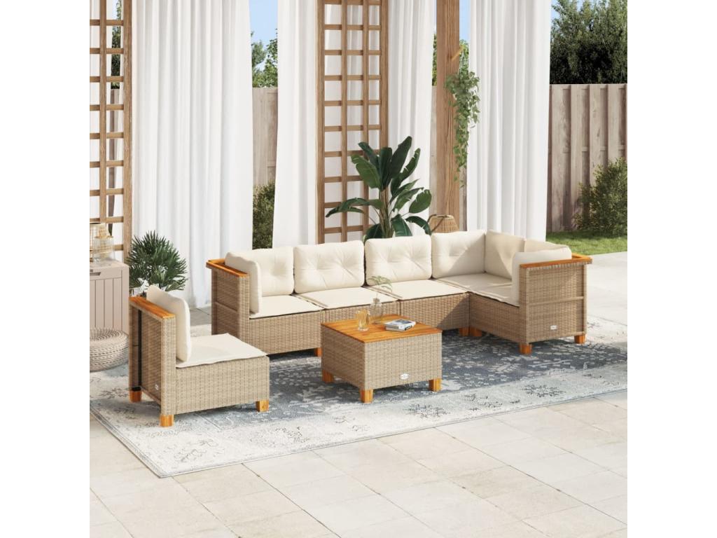 Garden furniture set with cushions, 7 pieces, beige woven resin, DJIV41015