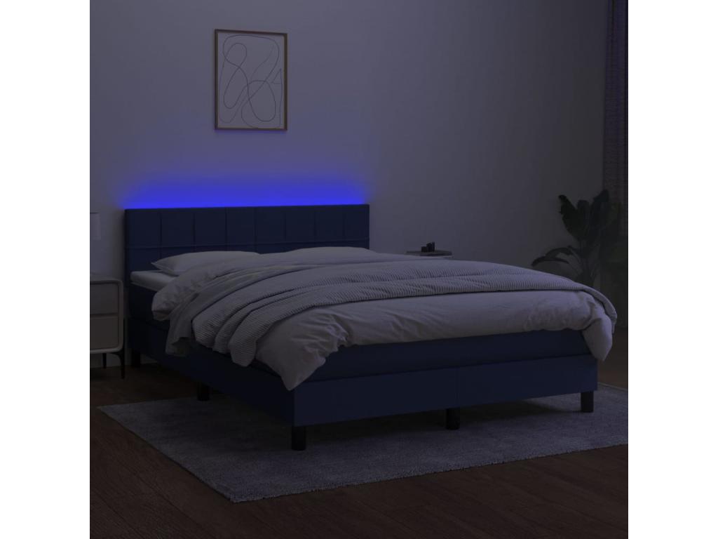 Upholstered bed base with mattress and LED light, blue, 140x190 cm, fabric LZMP28369