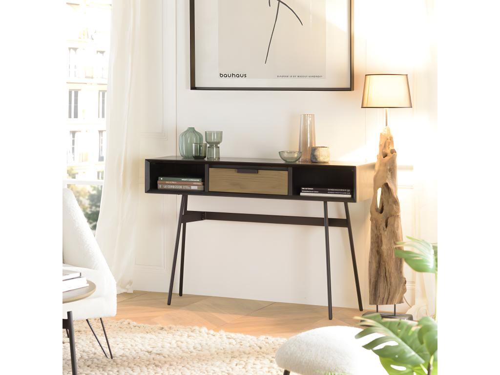 Domopure - Black console table 130x35cm with 2 niches and 1 dark brown drawer, black metal legs MFPX00660