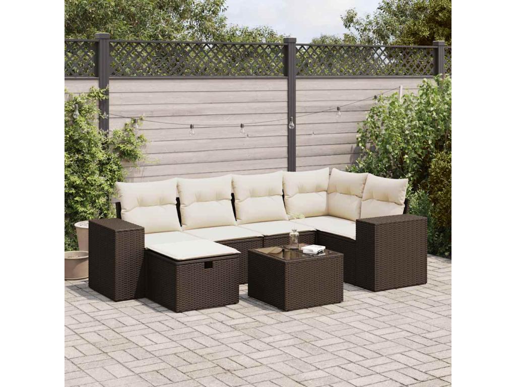 Garden furniture set with cushions, 7 pieces, brown woven resin