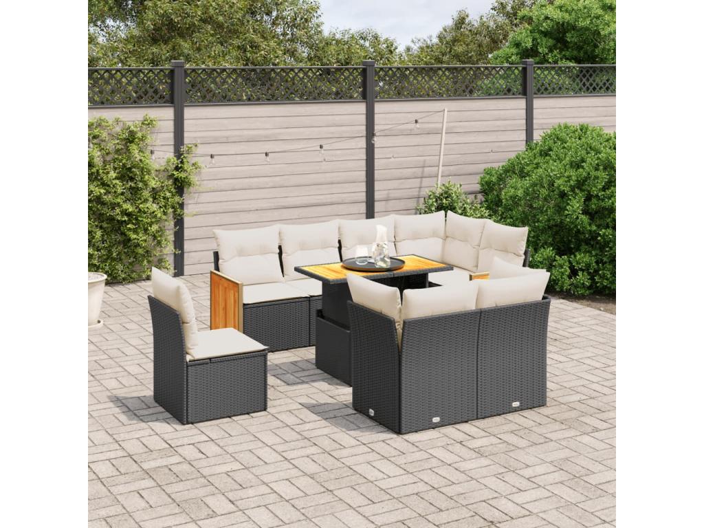 9-piece garden furniture set with cushions, black resin wicker QFIH90066