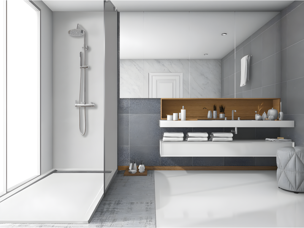 70x165 cm shower tray with side grate Chicyla Slim grey Ral 7037 in synthetic resin and marble powder with drain PEFN96419