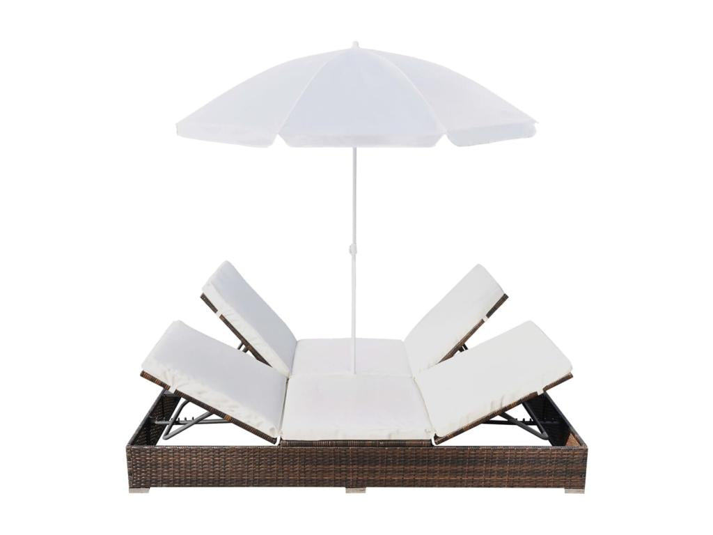 Outdoor sun lounger with parasol, brown woven resin, YDKL70713