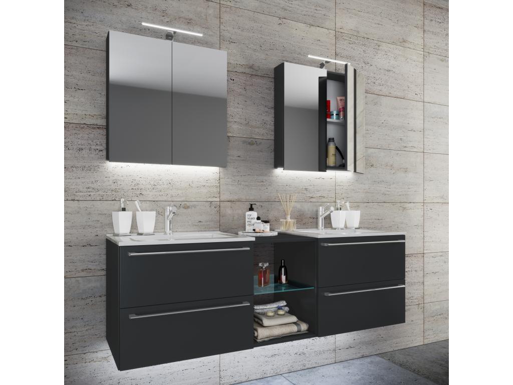 Meublori 3-piece double sink bathroom furniture set, 2 bathroom vanities, Meublori XXL black sink unit - mirror cabinet - 155