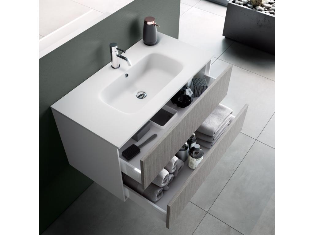 Bathroom vanity unit with 2 drawers in white and grey lacquer and LED mirror, Meublori L 70cm