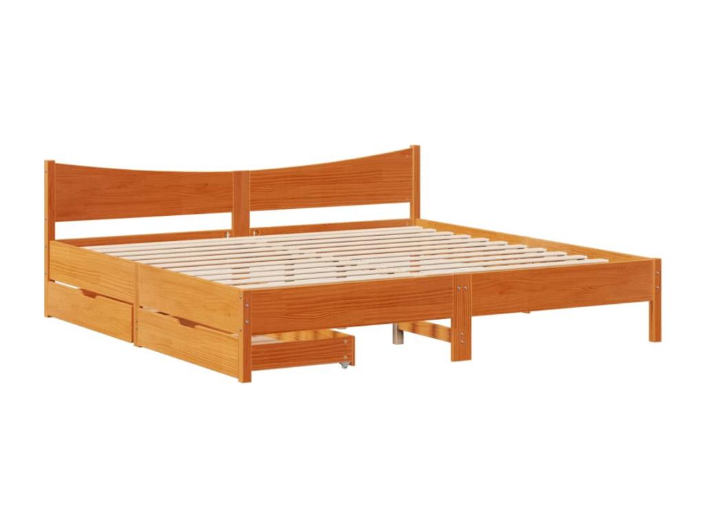 Bed frame with drawers, brown wax finish, 180x200cm, solid pine wood