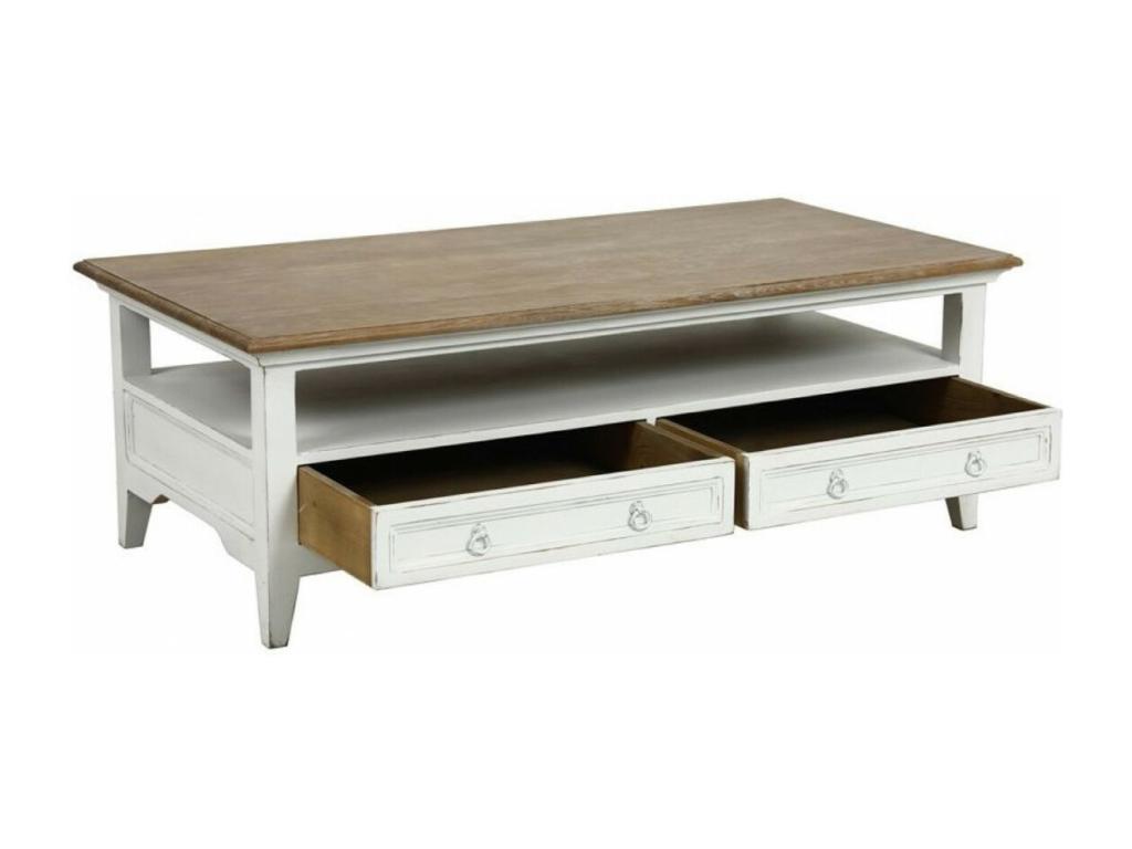 Rectangular Coffee Table with 2 Drawers, White Wood - Chicyla XIMG45403