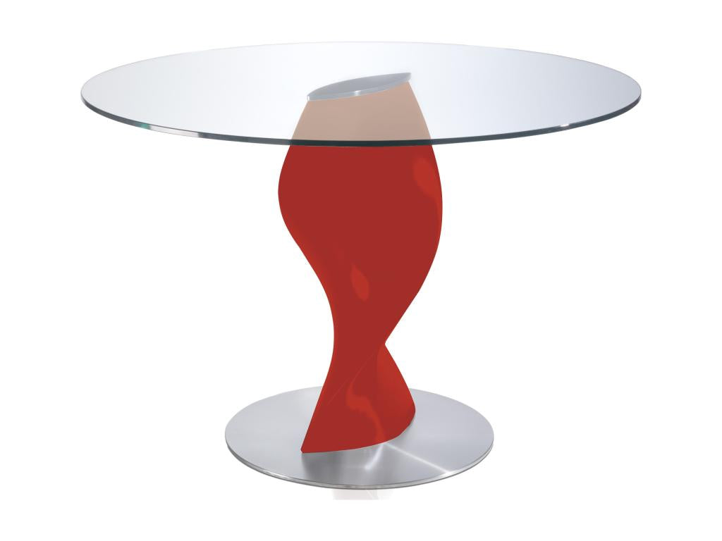 Round table with glass top and red lacquered fiberglass base, Torsada - Dimensions: D 130 x H 76 cm KMWU53832