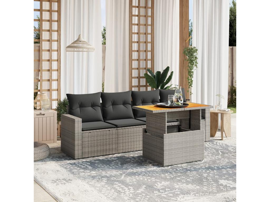 5-piece garden furniture set with grey resin wicker cushions UQTB25320