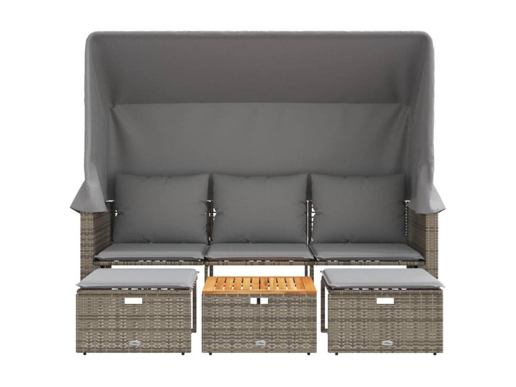 3-seater garden sofa with canopy and grey rattan stools IDNH45305