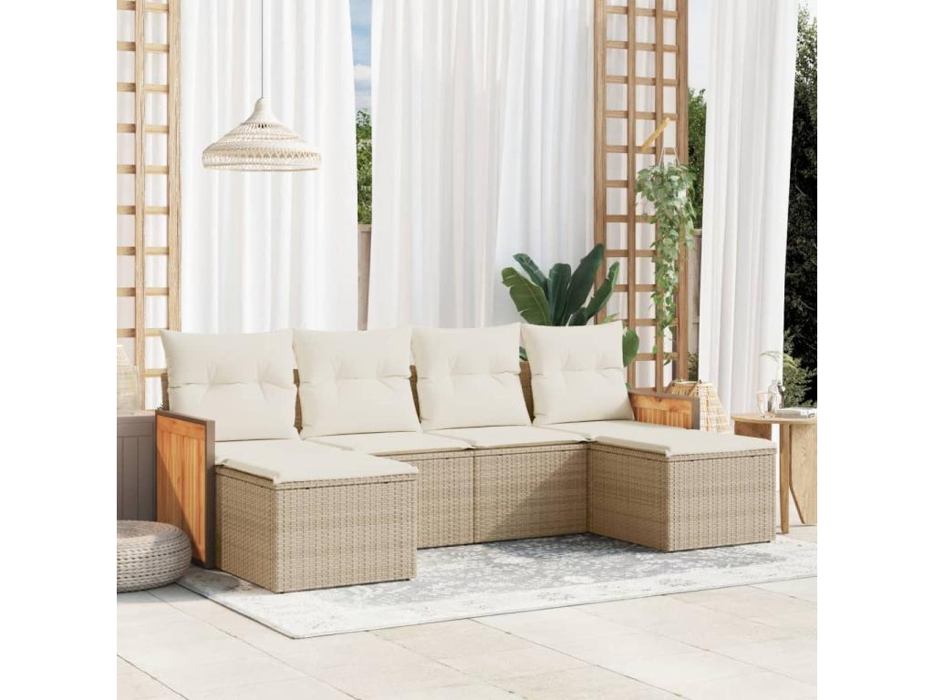 Garden furniture set with cushions, 6 pieces, beige woven resin