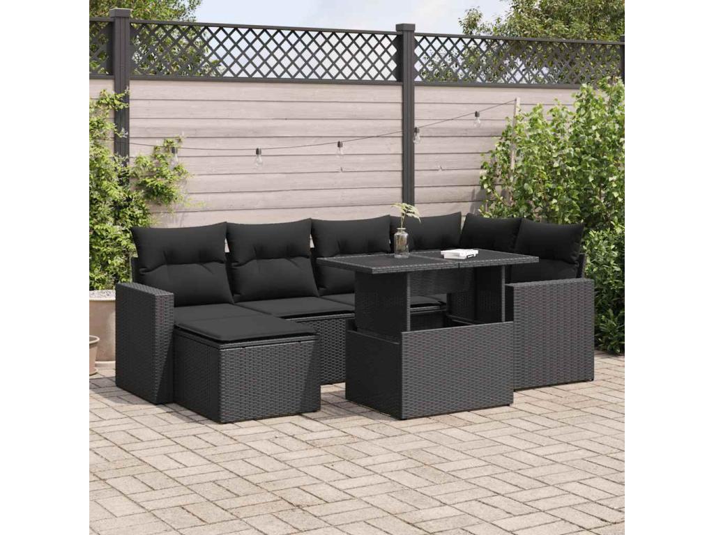 7-piece garden furniture set with cushions, black woven resin FBBR28182