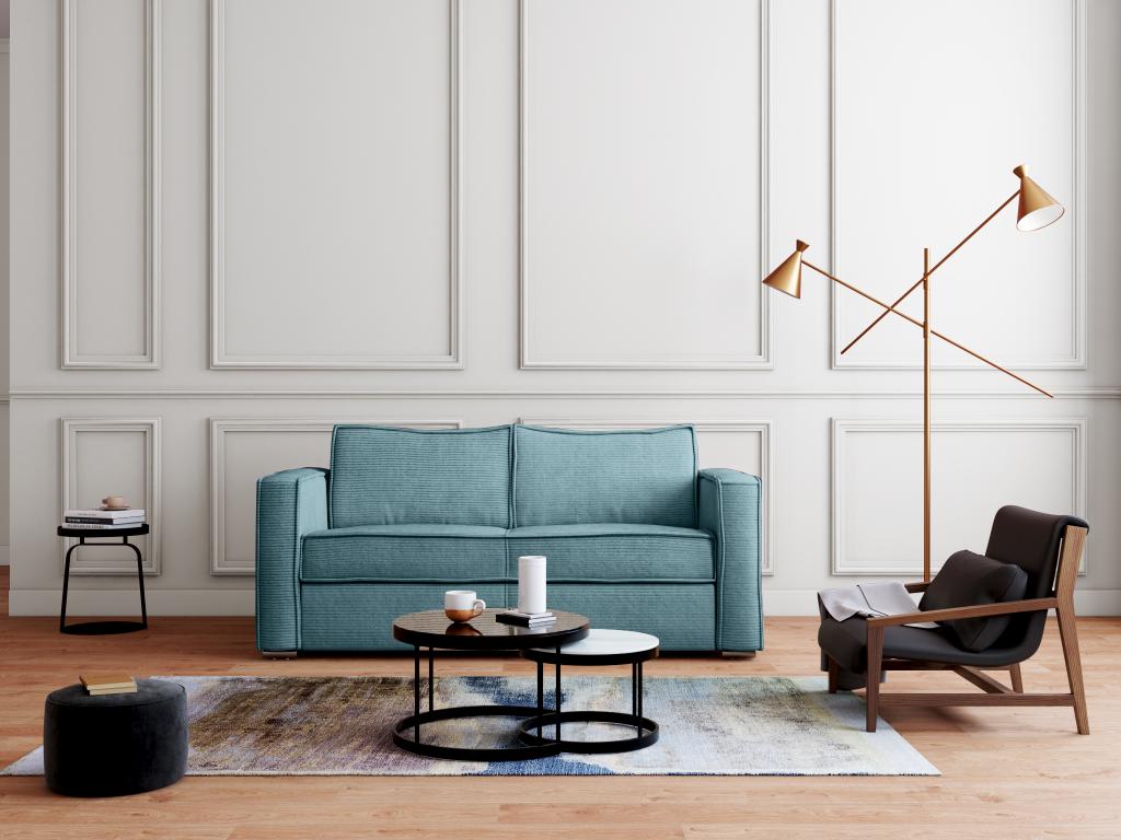 Chicyla CPYW65033 4-seater express convertible sofa in turquoise blue corduroy - 160 cm sleeping area - 22 cm mattress