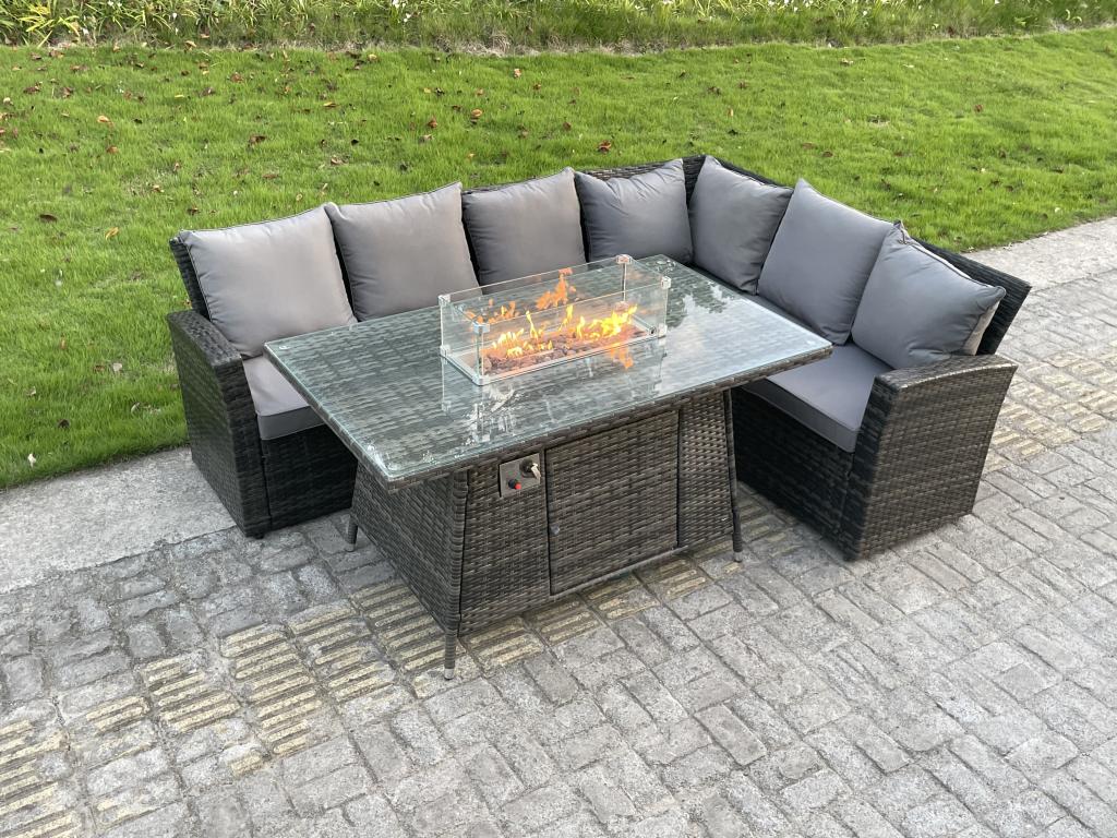 Rattan garden dining set with 2 sofas, 2 reclining chairs, gas fire pit table, and 2 stools. Dark grey. DKXJ09618