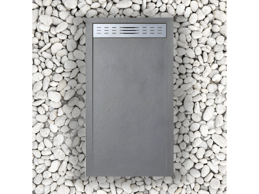 70x165 cm shower tray with side grate Chicyla Slim grey Ral 7037 in synthetic resin and marble powder with drain PEFN96419