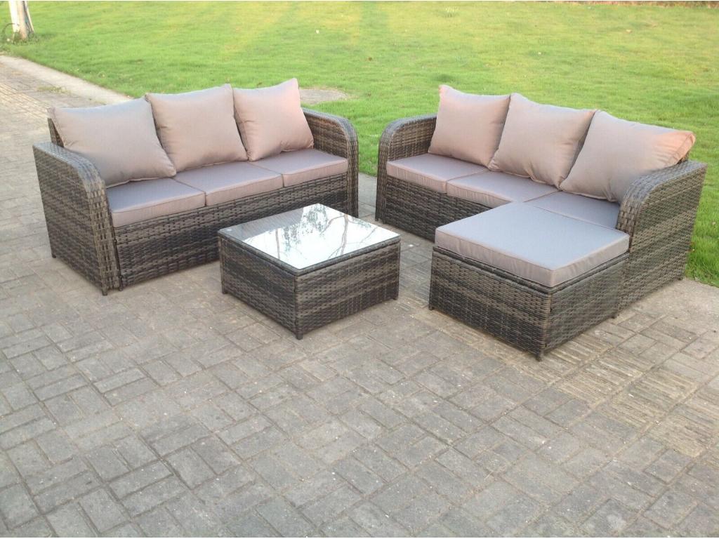 7-seater rattan garden furniture set with sofa, stools, and coffee table. MéChicyla dark grey VAFD43974