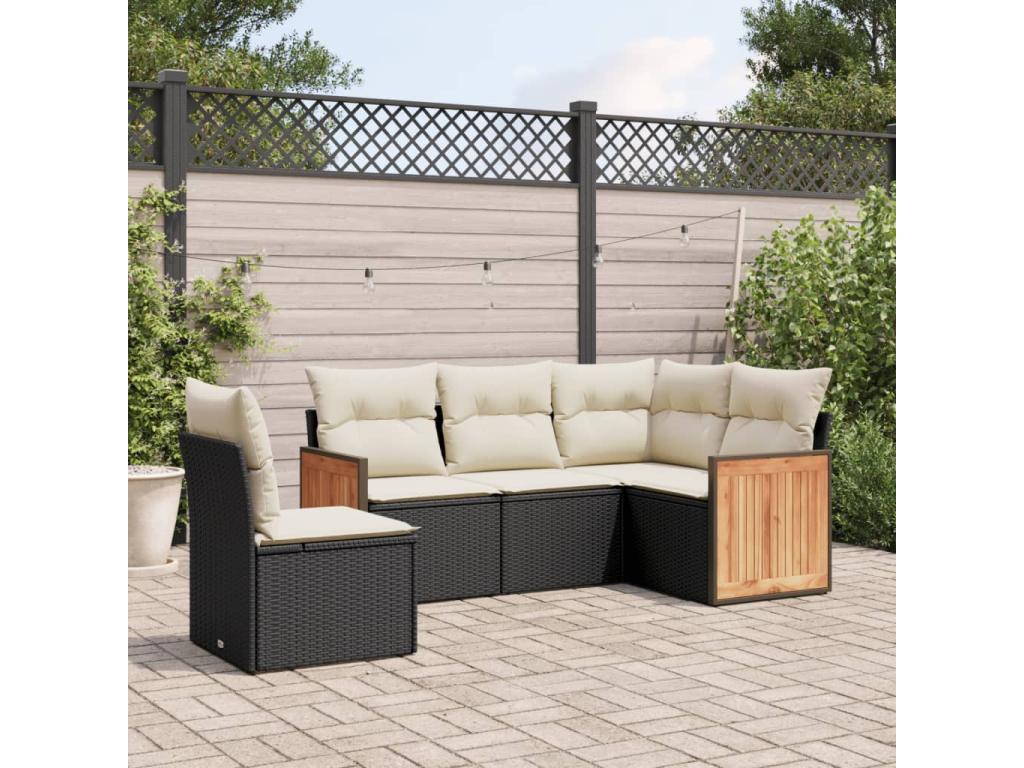 5-piece garden furniture set with cushions, black woven resin QGOI17596