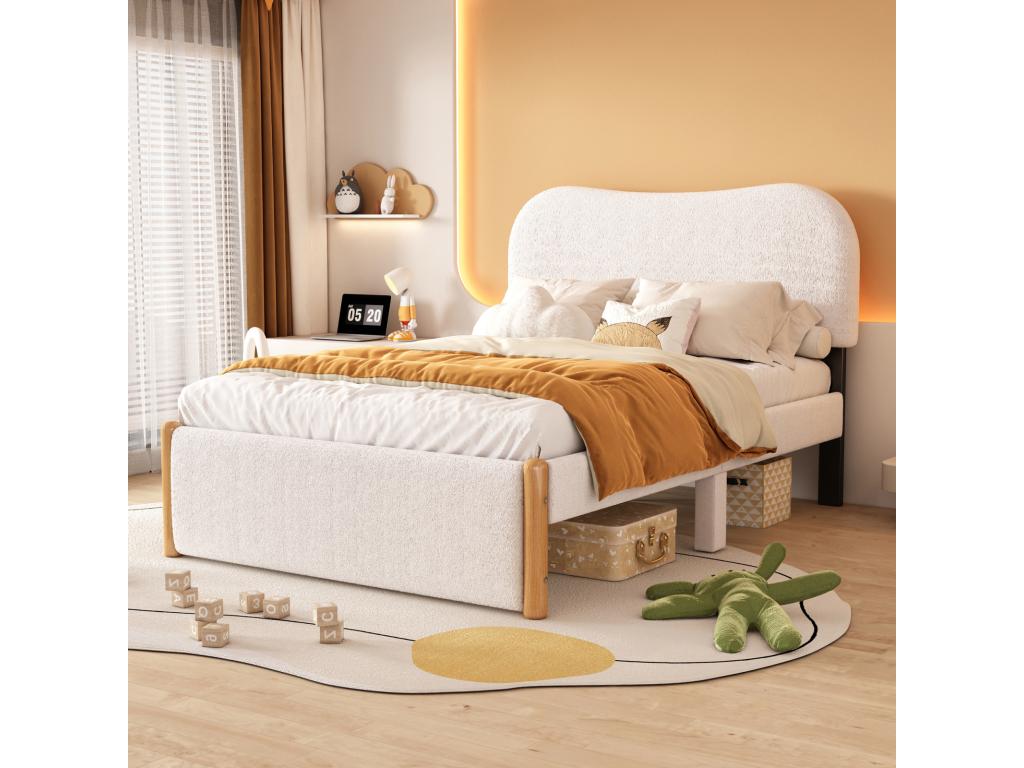 140x200cm Children's Upholstered Bed, Flat Bed with Slatted Base by Domopure and Minimalist Style Headboard in White Plush Fabric XHEH85451