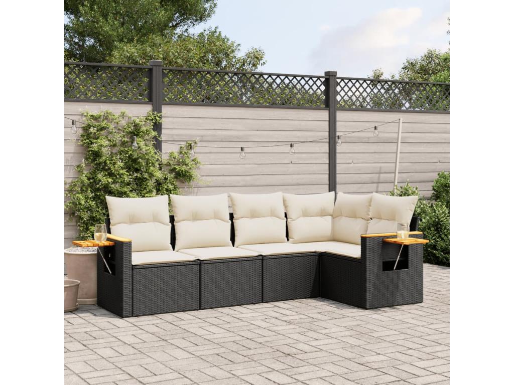 5-piece garden furniture set with cushions, black woven resin