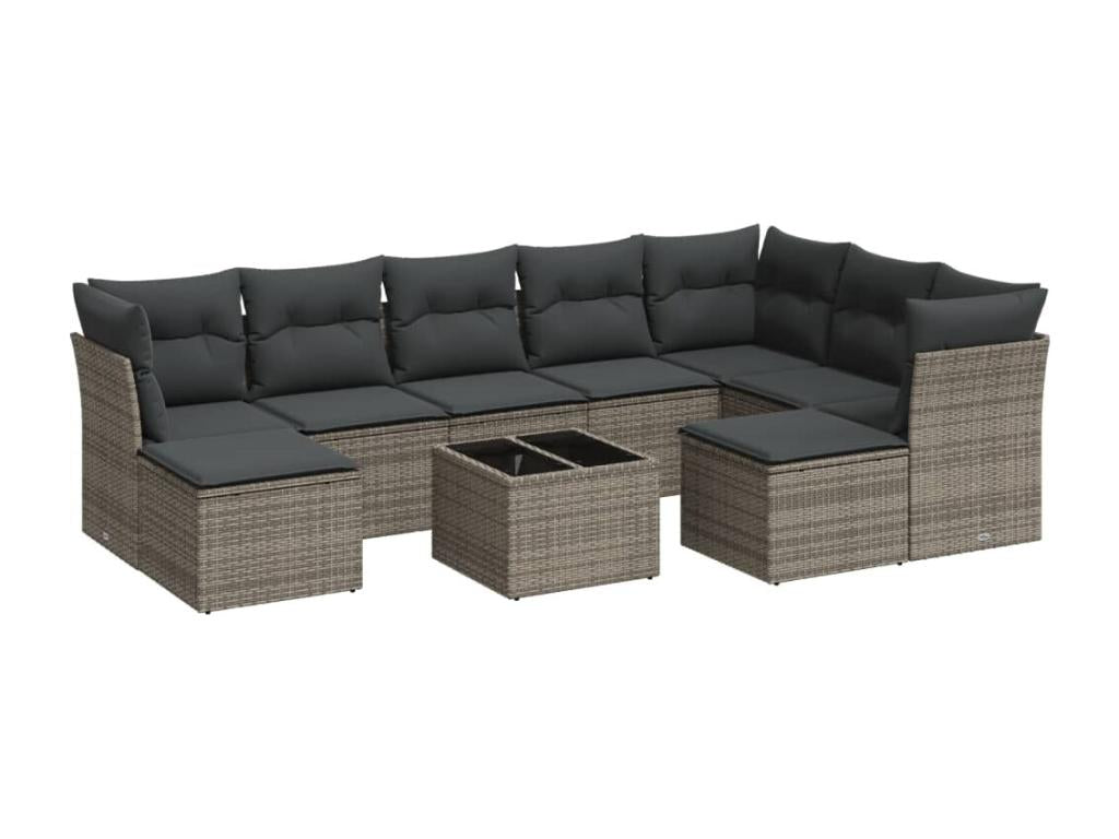 10-piece garden furniture set with cushions, grey woven resin