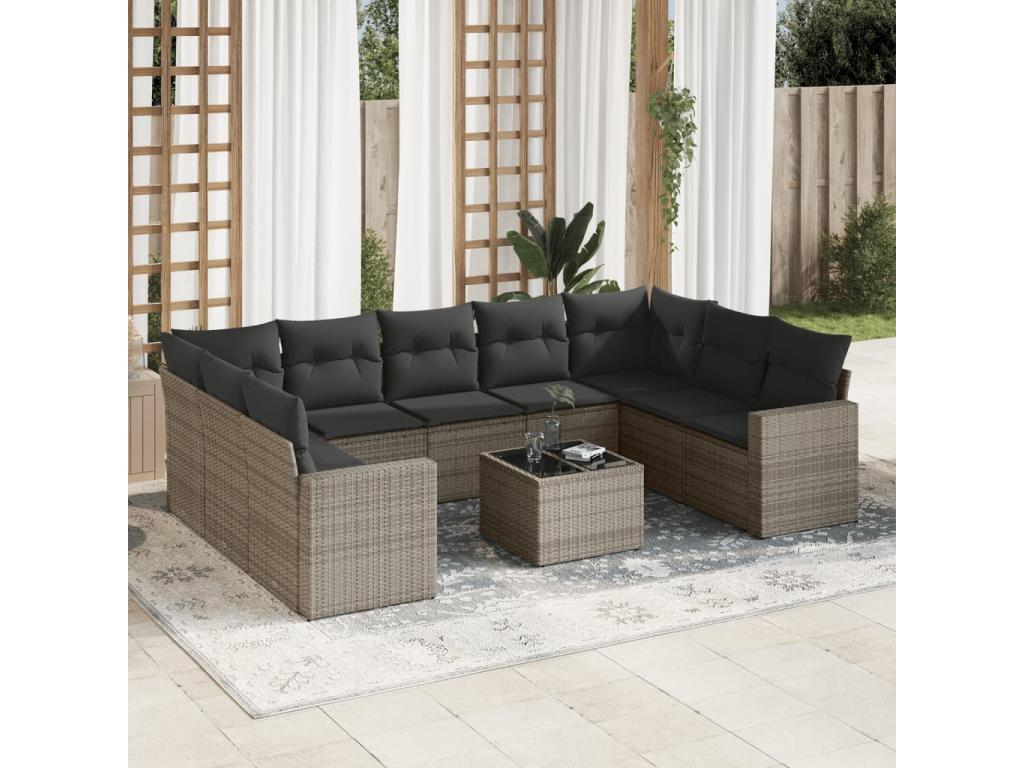10-piece garden furniture set with cushions, grey woven resin EZBN25397