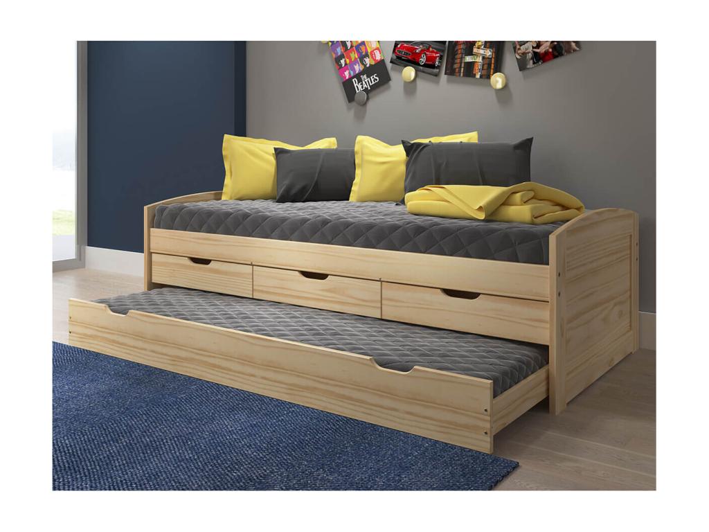 Chicyla - Trundle Bed 90x200cm with 3 Drawers, Solid Wood DGAJ06809