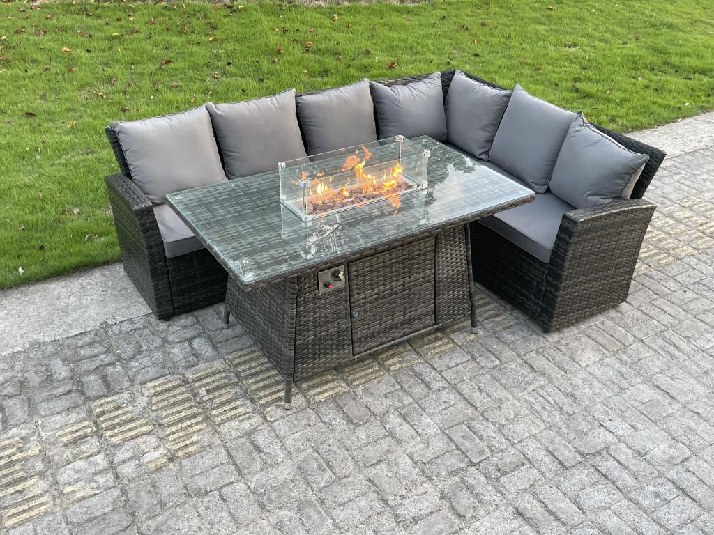 Rattan garden dining set with 2 sofas, 2 reclining chairs, gas fire pit table, and 2 stools. Dark grey. DKXJ09618