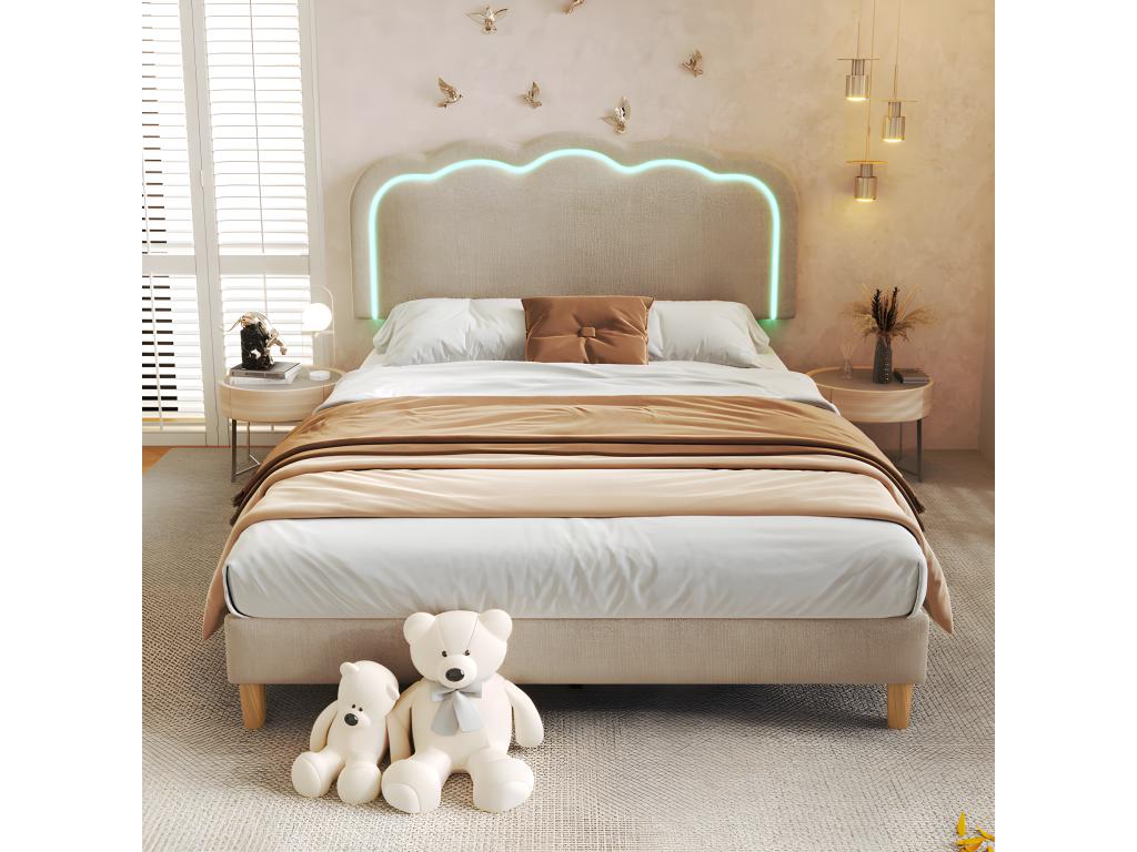 140x200cm bed upholstered in linen - with LED and Domopure slatted base - Beige HNMG47682