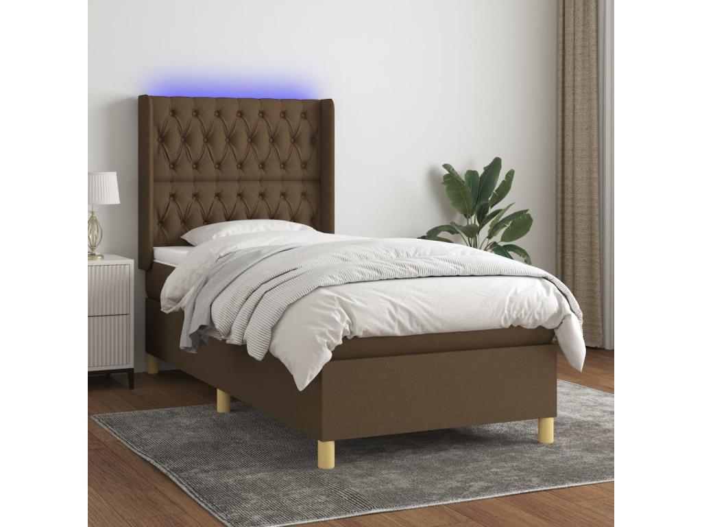 Upholstered bed base with mattress and LED light, dark brown, 100x200cm, fabric FBKR28462