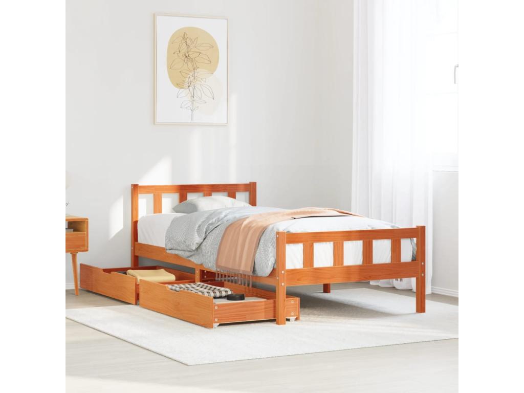 Bed frame without mattress, brown wax finish, 75x190 cm, solid pine wood, PKAV84963