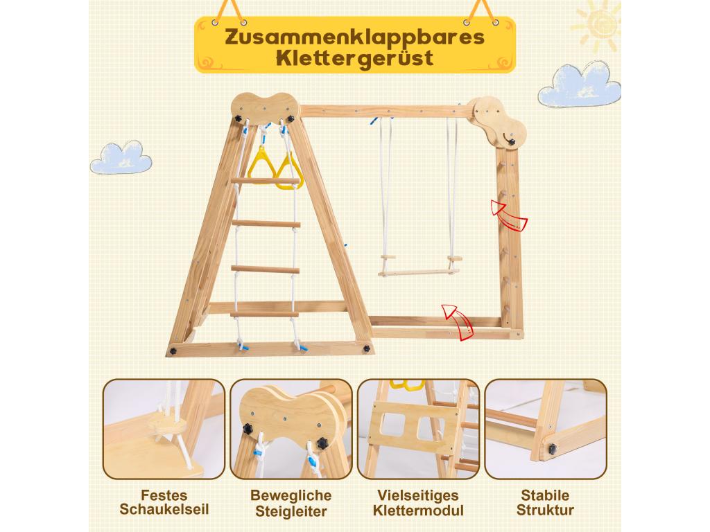 7-in-1 Children's Play Area - with Slide, Climbing Bar, Swing, Climbing Rope, and Net Ladders - Wood Color MSAU71666