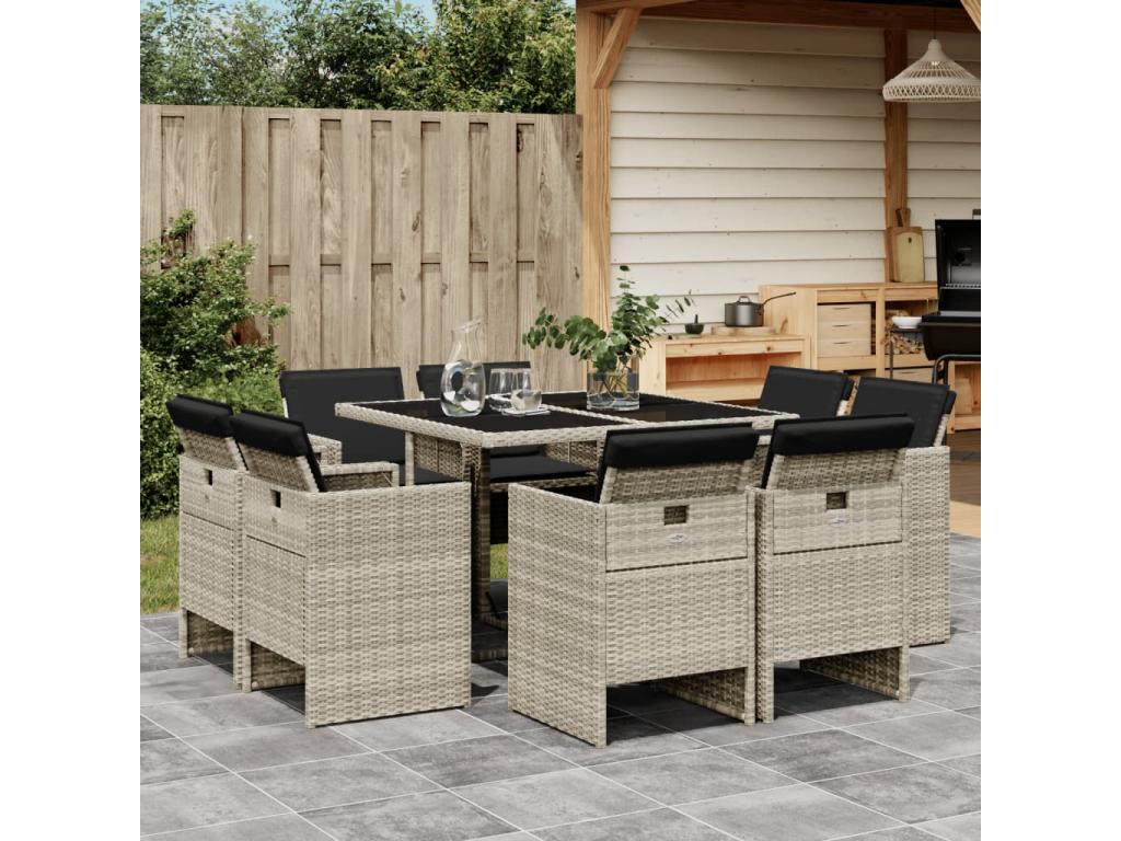 9-piece garden dining set and cushions, light grey rattan OTID47009