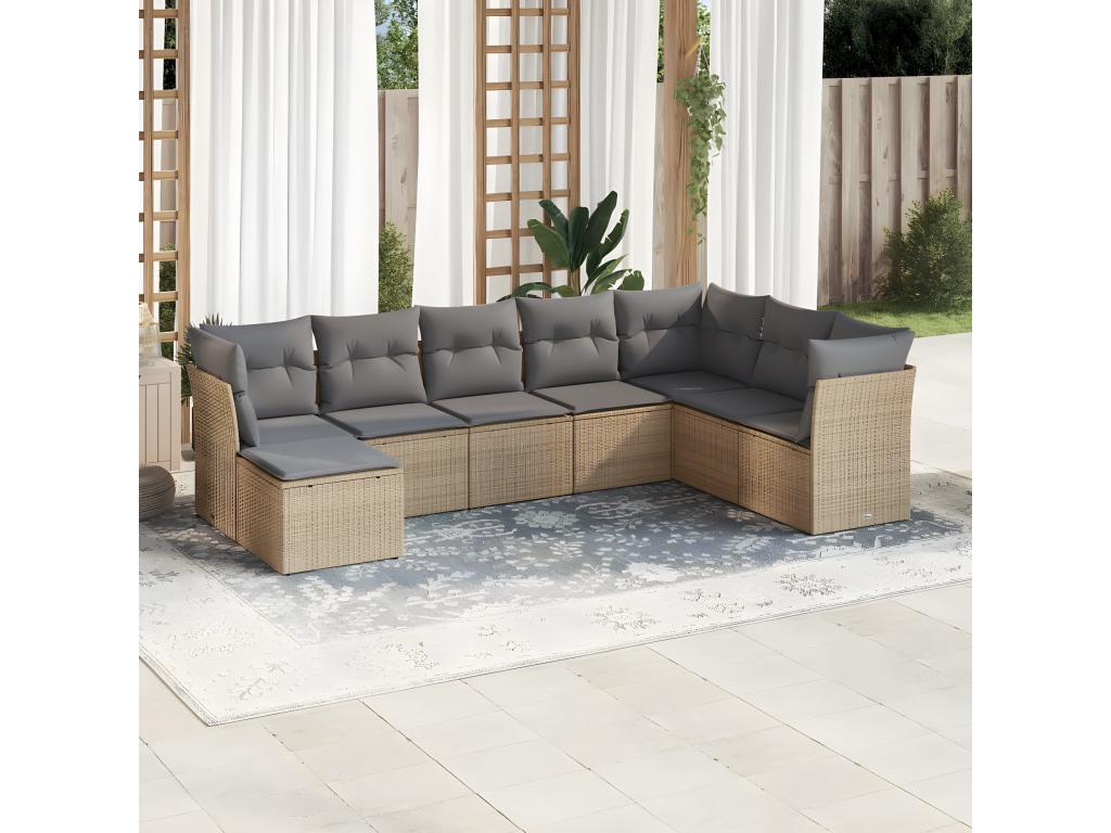 Garden furniture set with cushions, 8 pieces, beige woven resin, SOKK87348