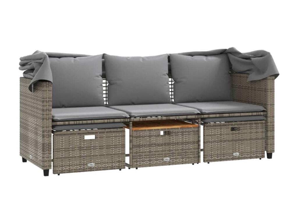 3-seater garden sofa with canopy and grey rattan stools IDNH45305