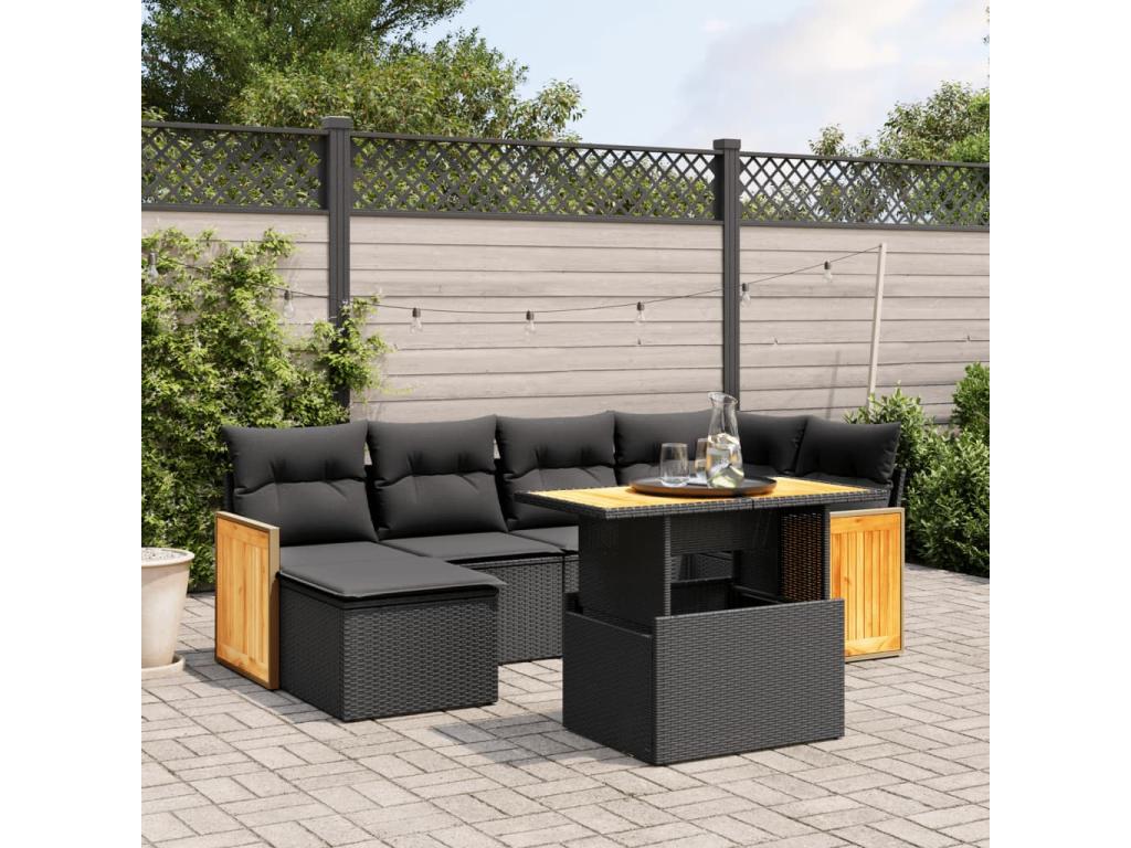 7-piece garden furniture set with cushions, black woven resin KDTT84209