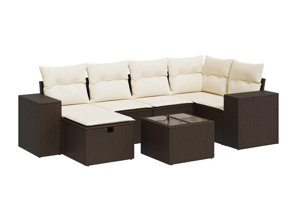 Garden furniture set with cushions, 7 pieces, brown woven resin