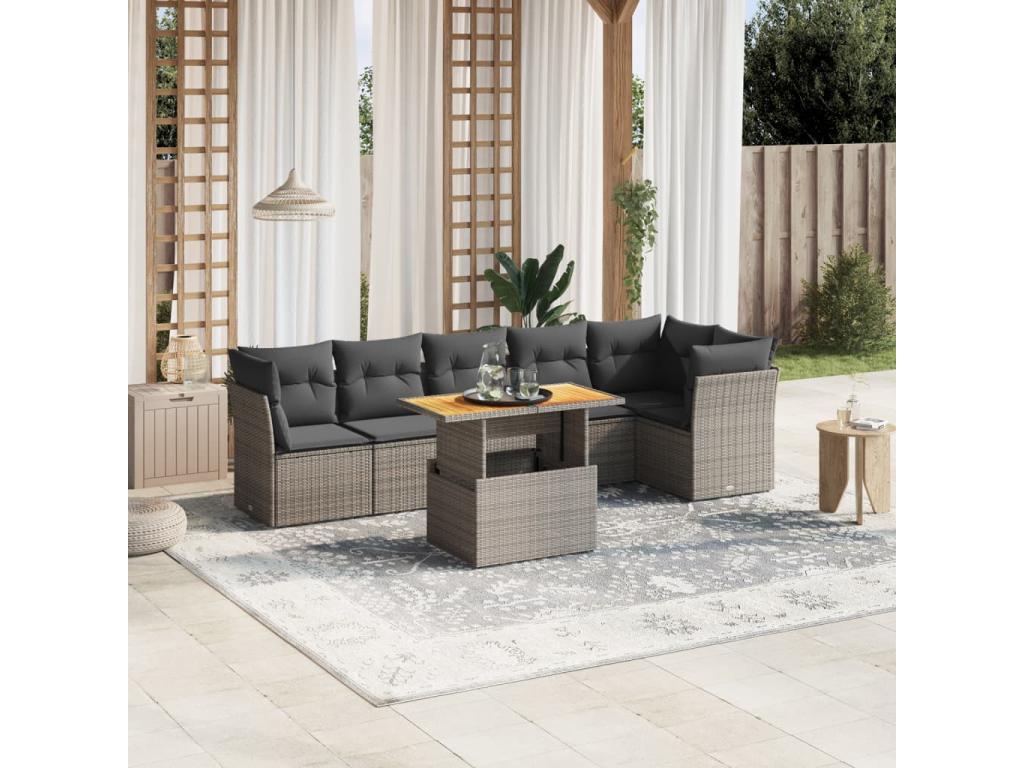 Garden furniture set with cushions, 7 pieces, grey woven resin APBI82920