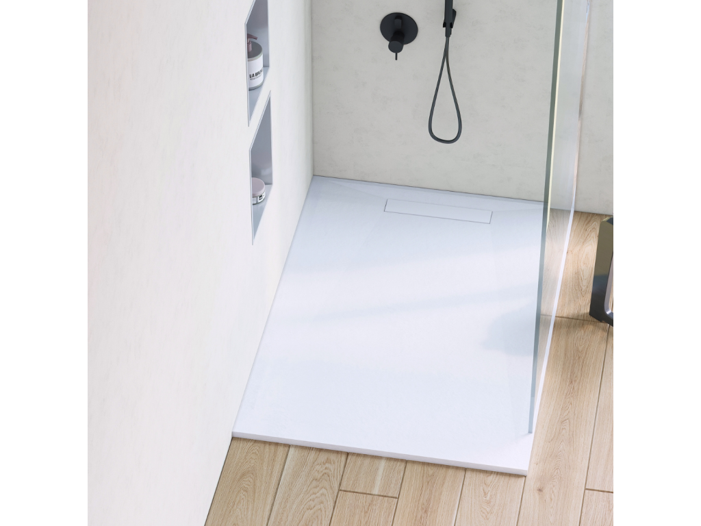 Extra-flat shower tray ADICIONAL - Domopure texture in white Domopure polyester - L160 x W90 x H2.8 cm - Domopure RBFI15185