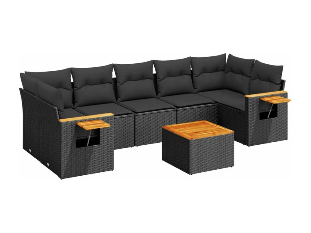 8-piece garden furniture set with cushions, black woven resin NZES25912