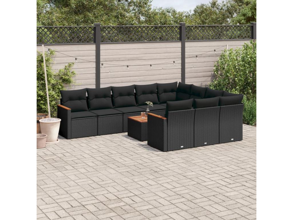 11-piece garden furniture set with cushions, black woven resin ESCQ76909