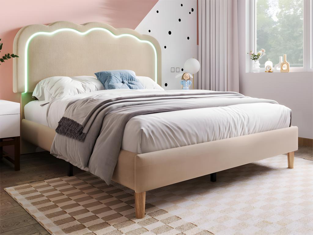 140x200cm bed upholstered in linen - with LED and Domopure slatted base - Beige HNMG47682